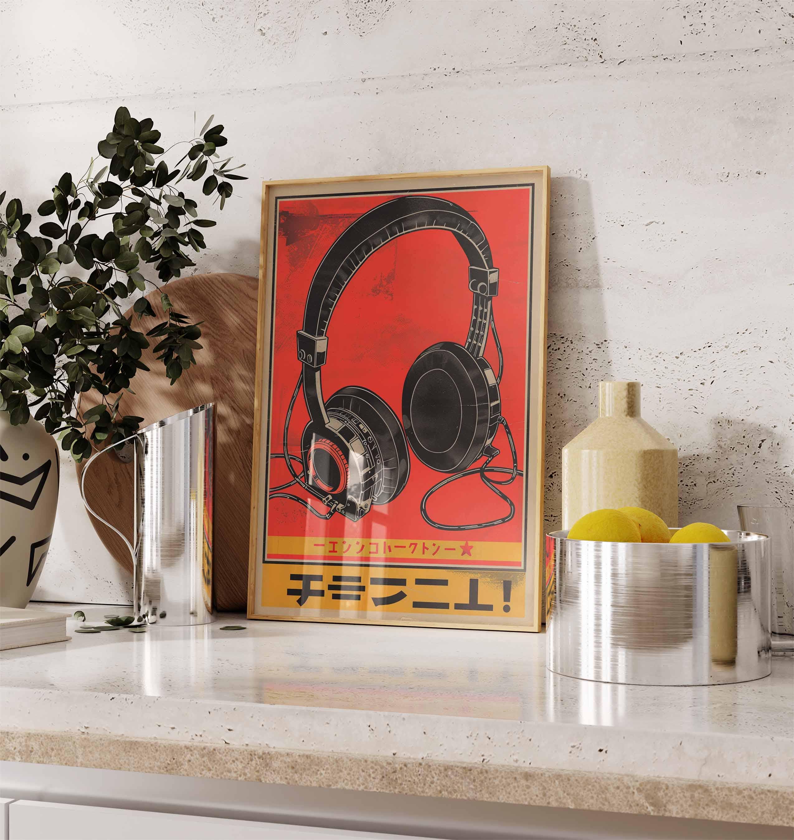 Japanese Headphones Poster, Retro Music Wall Art, Abstract Audio