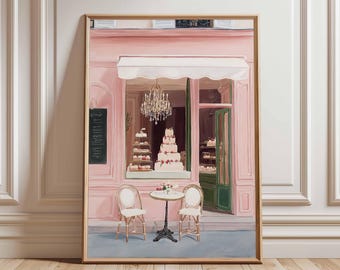 Paris Patisserie Poster Print, French Bakery Wall Art, Pink Cafe Decor, Elegant Cake Shop Illustration, Vintage Parisian Dessert Print