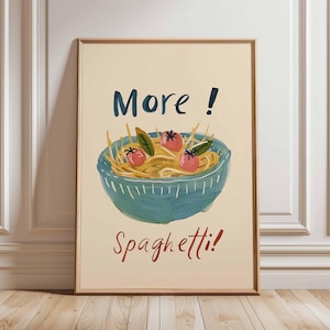 Spaghetti Pasta Poster Print – Fun Kitchen Wall Art, Colorful Italian Food Illustration with Bowl of Spaghetti and Tomatoes