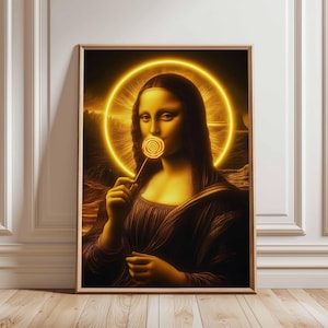 Mona Lisa with Lollipop – Modern Pop Art, Golden Glow Mona Lisa, Unique Mona Lisa Art, Iconic Art with a Twist, Fun Mona Lisa Print