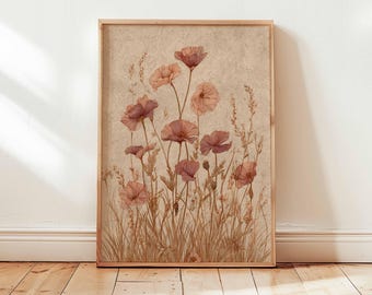 Vintage botanische bloemenprint, roze poster met wilde bloemen, rustieke cottagecore-muurkunst, antieke stijl bloemenhuisdecoratie