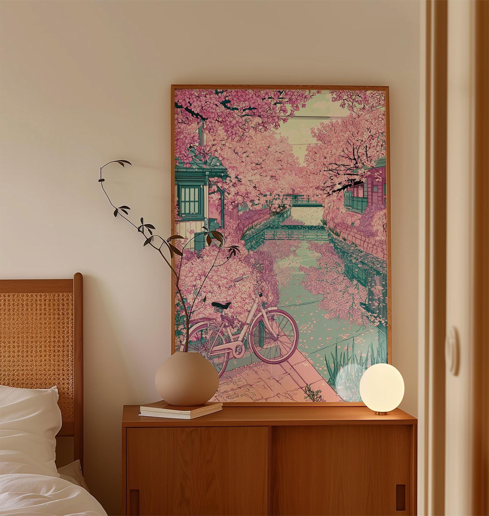 Japanese Cherry Blossom Canal Poster, Pink Anime Wall Art - Etsy