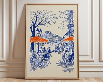 Paris Street Café Poster, French wall art for living room or kitchen decor