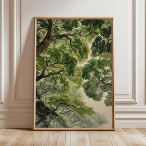 Póster de dosel forestal / Arte mural de techo de árbol verde / Ilustración vintage de naturaleza forestal