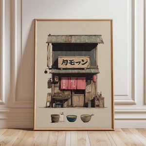 Japanisches Ramen Shop Poster, Retro Noodle House Wandkunst, Tokyo Straßenszene Druck, Vintage japanische Schaufenster Dekor mit Katze und Schüsseln