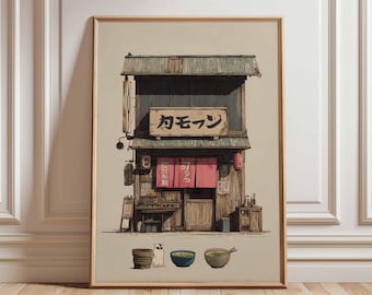Japanese Ramen Shop Poster, Retro Noodle House Wall Art, Tokyo Street Scene Print, Vintage Japanese Storefront Decor with Cat and Bowls