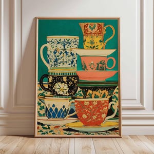 Stacked Teacups Poster, Colorful Vintage Tea Cup Wall Art, Cottagecore Kitchen Print, Floral China Artwork, Unframed Cozy Home Decor