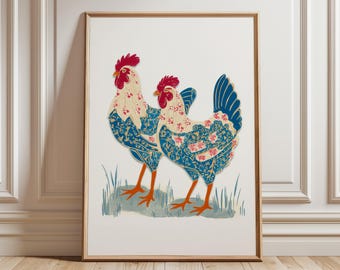 Art mural floral coq, affiche de ferme colorée, impression de poulet art populaire moderne pour cuisine et décoration champêtre