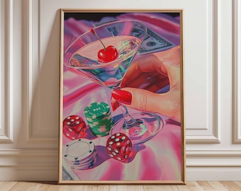 Casino Cocktail Poster, Glamorous Nightlife Wall Art, Martini and Poker Chips Print, Retro Vegas-Inspired Home Decor