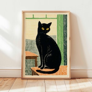 Black Cat Wall Art Print, Vintage Cat Poster, Minimalist Pet Illustration, Modern Cat Lover Gift Home Decor