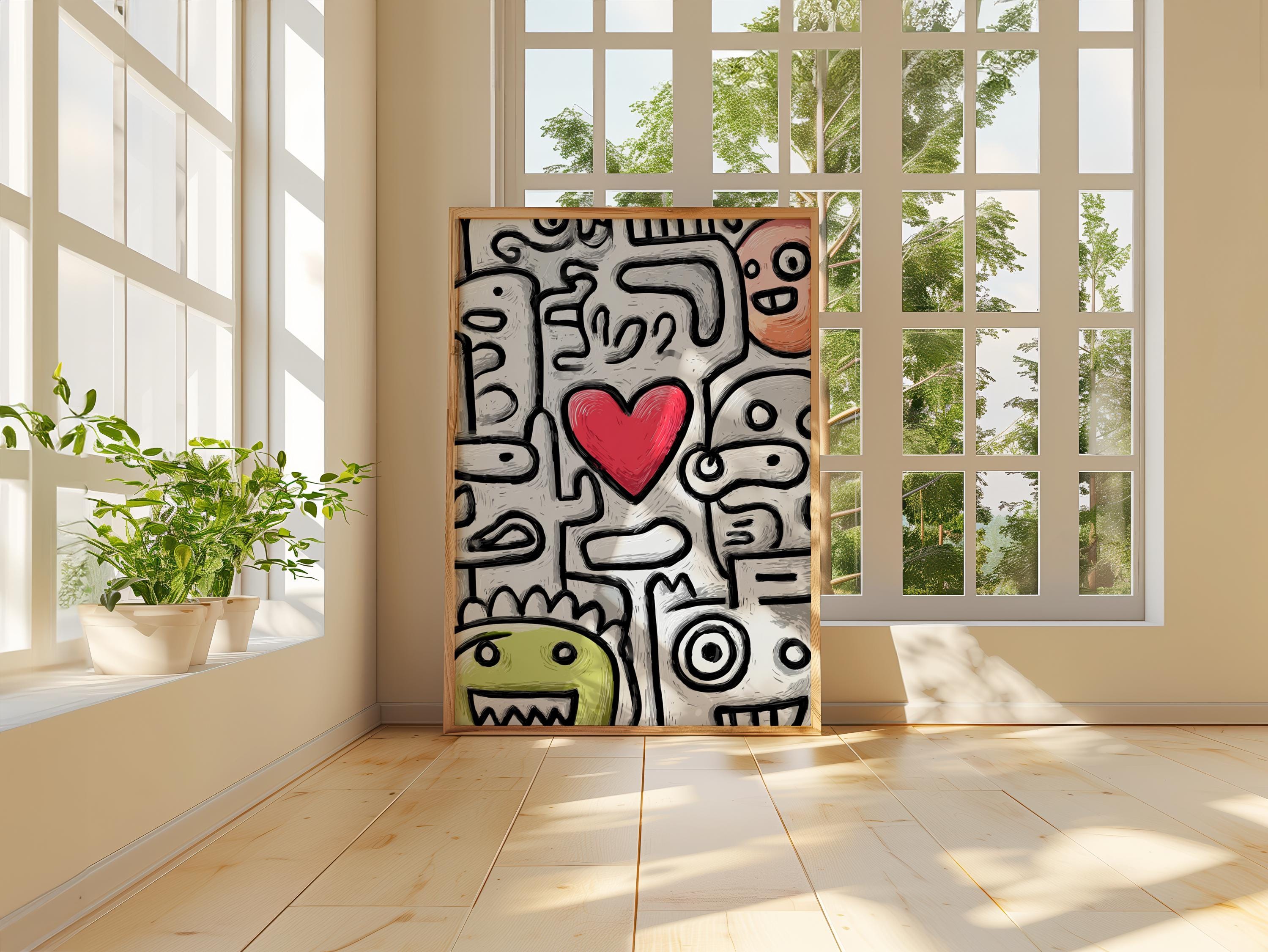 Graffiti Doodle Art Print, Red Heart Pop Art, Abstract Street