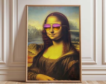 Puede incluir: Una pintura de la Mona Lisa con gafas de sol de color púrpura con un fondo de paisaje.