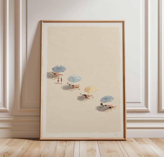 Minimalist Beach Poster Print, Coastal Umbrella Wall Art, Summer Seaside Illustration, Modern Ocean Decor, Relaxing Beach Scene Artwork