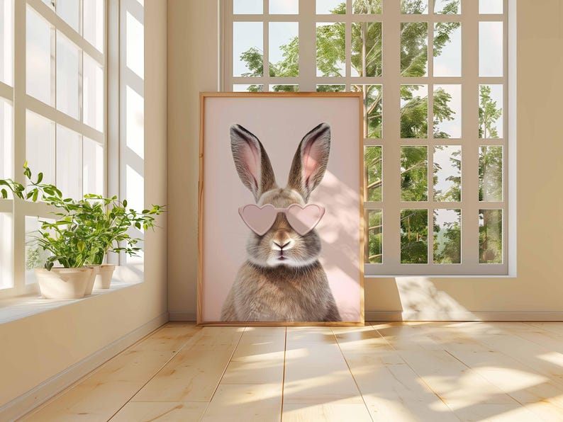 May include: A framed print featuring a brown rabbit wearing pink heart-shaped sunglasses. The rabbit is centered against a light pink background. The artwork is displayed in a room with natural light and a wooden floor.