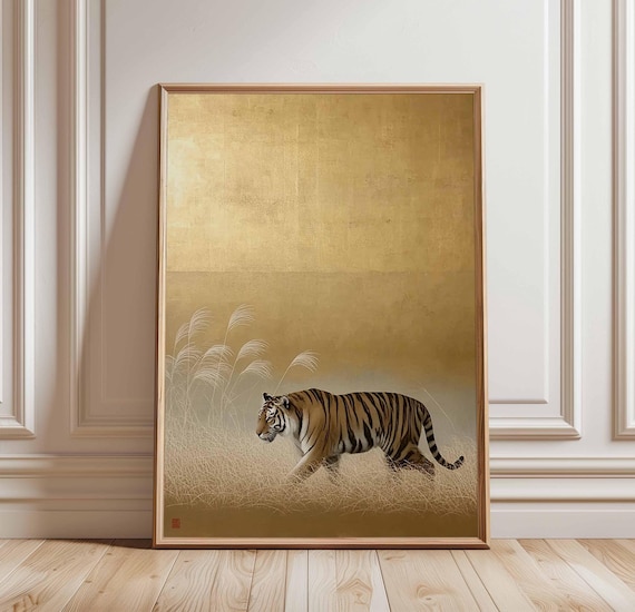 Japanese Tiger Wall Art, Japanese Gold Leaf Animal Poster, Majestic Tiger Walking Decor, Oriental Jungle Wildlife Artwork, Zen Safari Print