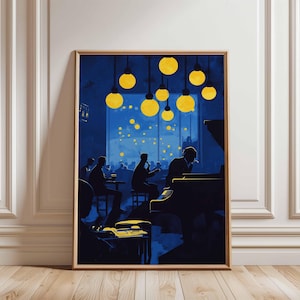 May include: A framed art print showing a jazz club scene. The artwork features silhouettes of musicians and patrons in a dimly lit room with yellow hanging lights against a blue background. A piano is in the foreground.