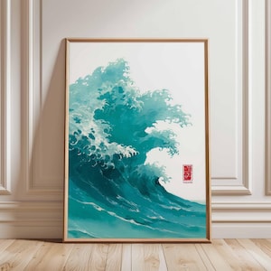 May include: A framed print featuring a stylized depiction of a large ocean wave in shades of teal and white. The artwork has a Japanese aesthetic, with a red stamp and the word "TAKAHI" in the lower right corner. The frame is a light brown color.