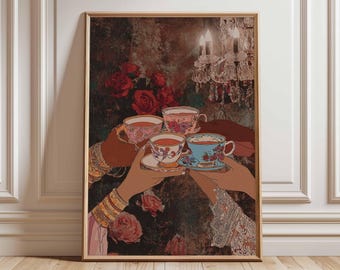 May include: A framed art print featuring a vintage-style illustration of four teacups being held up in a toast. The teacups are decorated with floral patterns and sit on saucers. The background includes roses and a chandelier, with a dark, textured backdrop.
