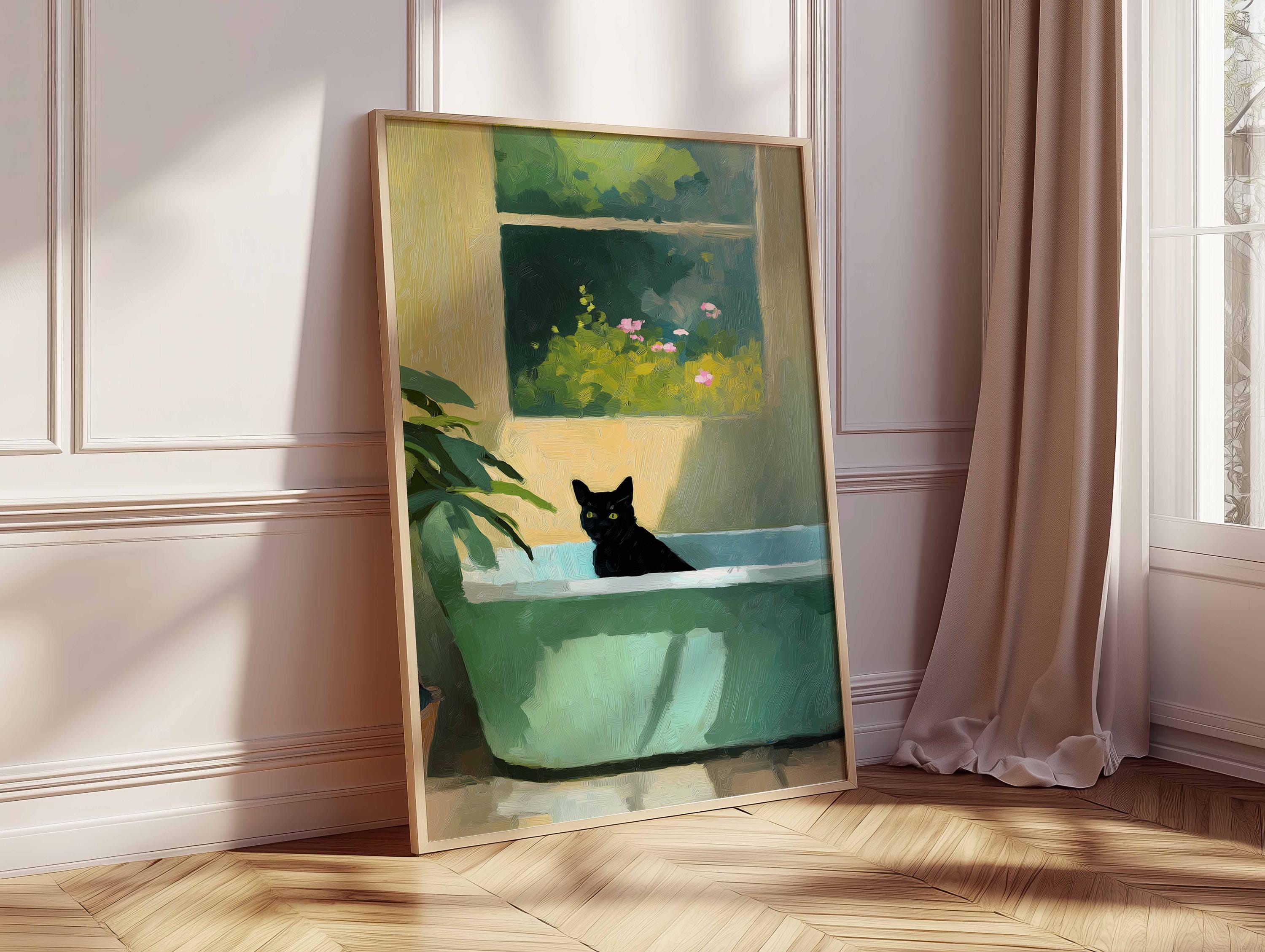 Black Cat Wall Art Print Vintage Style Cat in Bathtub Poster Aesthetic ...