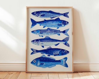 Blue Fish Print – Coastal Wall Art for Kitchen or Bathroom, Nautical Ocean Fish Poster, Hand-Drawn Style Sea Life Decor (Unframed)