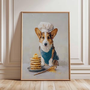 Corgi Chef Pancake Poster – Cute Dog Kitchen Wall Art Print, Funny Breakfast Animal Decor, Whimsical Food Illustration for Home