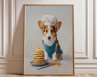 Corgis Chef Pfannkuchen Poster - süße Hundeküche Wand Kunst Druck, lustiges Frühstück Tier Dekor, wunderliche Essen Illustration für Zuhause