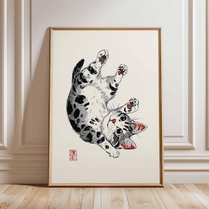 Japanese Cat Poster, Playful Cat Wall Art Print, Traditional Ukiyo-e Style Cat Decor, Cute Feline Illustration, Asian Animal Art Gift