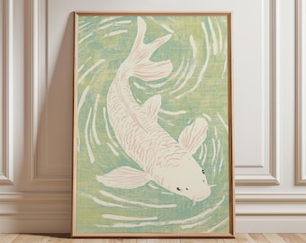 White Koi Fish Poster, Japanese Pond Wall Art, Minimalist Print