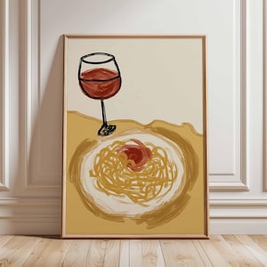 Pasta and Wine Wall Art Print, Whimsical Italian Kitchen Poster, Minimalist Spaghetti and Red Wine Illustration, Quirky Foodie Decor