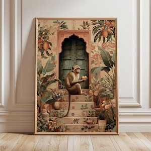 May include: Framed art print featuring a monkey holding oranges, seated on a staircase in front of a teal door. The artwork has a vintage aesthetic with floral and botanical elements, including orange trees and lush greenery. The frame is a warm, natural wood tone.