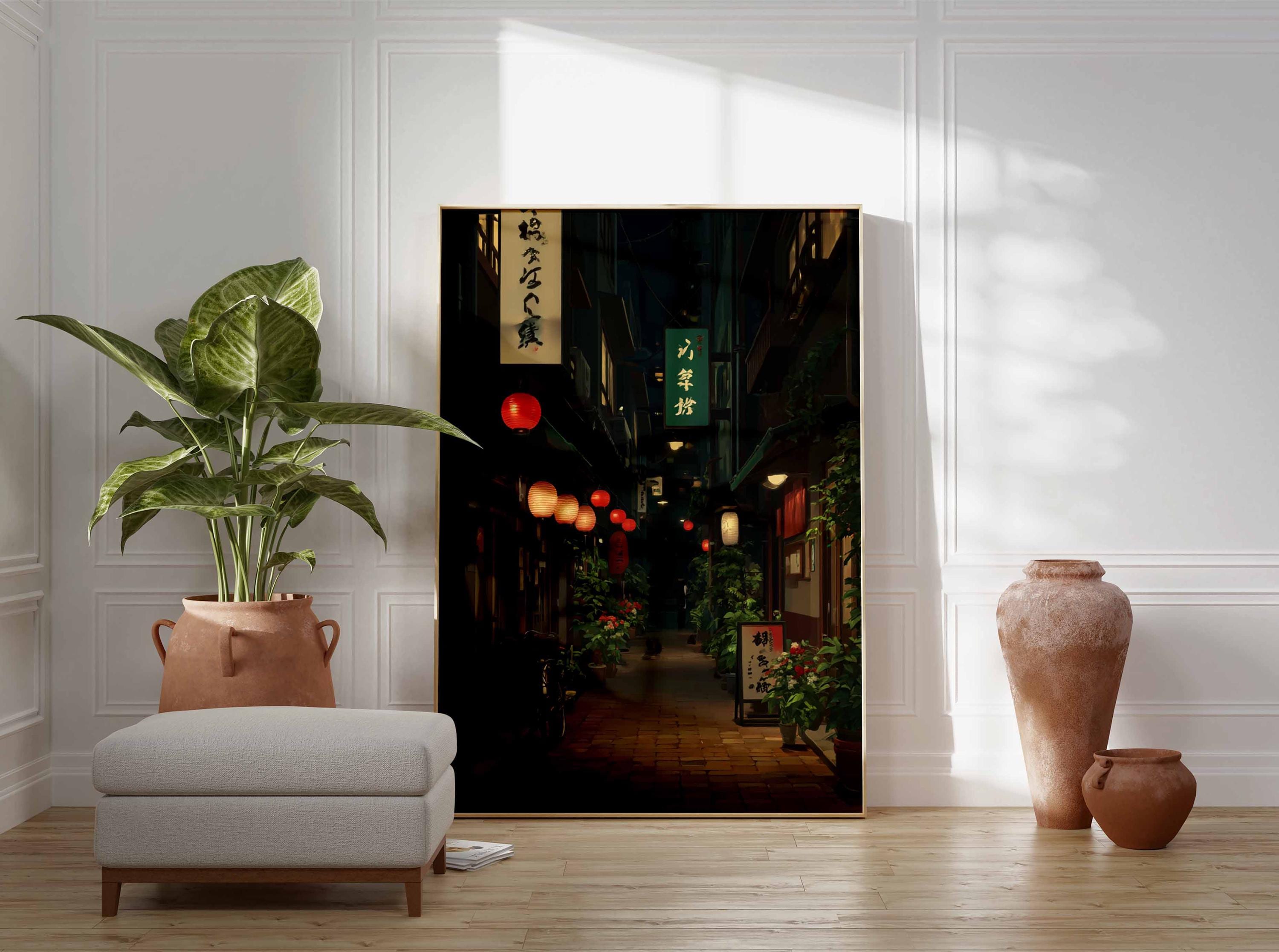 Japanese Alleyway Poster, Red Lantern Night Street Print, Anime