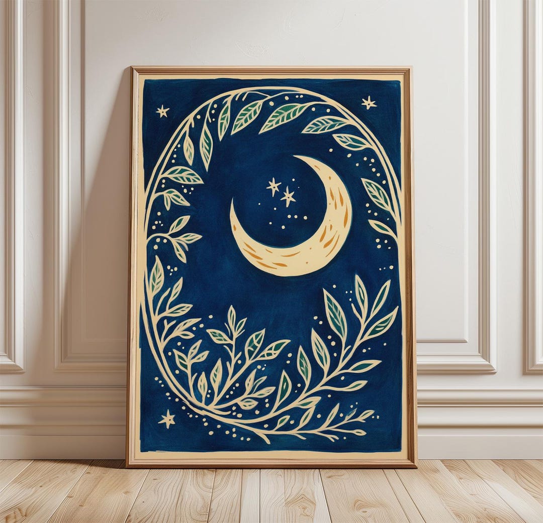 Crescent Moon Poster, Celestial Night Sky Wall Art Print, Botanical ...