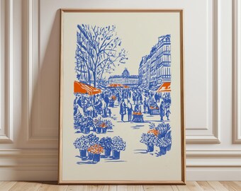 Paris Market Poster, Vintage Illustration Art Print, French Street Scene Wall Art, Travel Decor