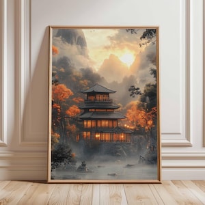 Japanische Pagode bei Sonnenuntergang Poster - Herbstliche Landschaftskunst, Ruhige Bergszene, Asiatisch inspirierte Wanddekoration, Gelassene Natur Malerei