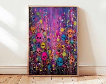 Impression d'art mural tête de mort néon, affiche abstraite colorée, oeuvre d'art floral gothique, peinture tête de mort psychédélique, décoration d'intérieur alternative vibrante