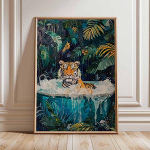 Baignoire tigre art mural jungle, affiche animal fantaisiste, décoration de salle de bain tropicale, impression maximaliste audacieuse, oeuvre d&#39;art tigre sans cadre