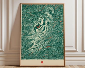 Abstract Tiger Face Poster, Japanese Linocut Animal Wall Art, Green Print