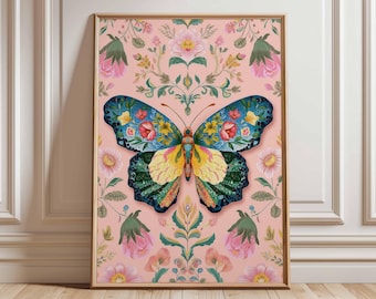 Pôster de borboleta floral, arte de parede com insetos coloridos, impressão de borboleta botânica, arte da natureza, decoração de flores e borboletas com fundo rosa