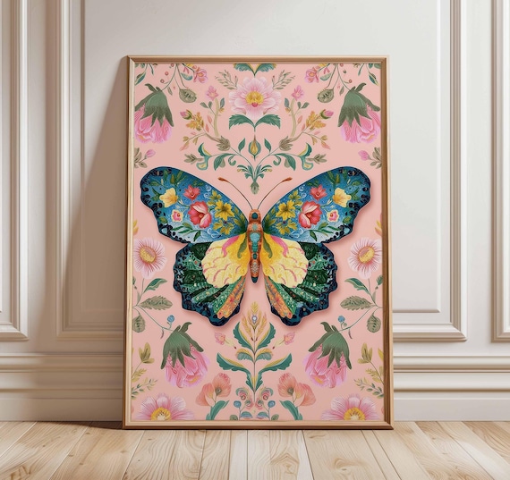 Floral Butterfly Poster, Colorful Insect Wall Art, Botanical Butterfly Print, Nature Artwork, Pink Background Flower and Butterfly Decor