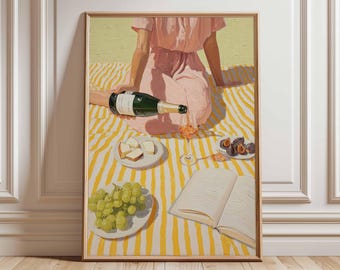 Champagner Picknick Wandbild, Ölgemälde, Sommer Outdoor Druck, gelbes Streifen Dekor Poster, französische Lifestyle Kunst, Wein und Käseszene