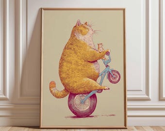 Funny Cat Poster, Chubby Cat Wall Art, Unicycle Cat Print