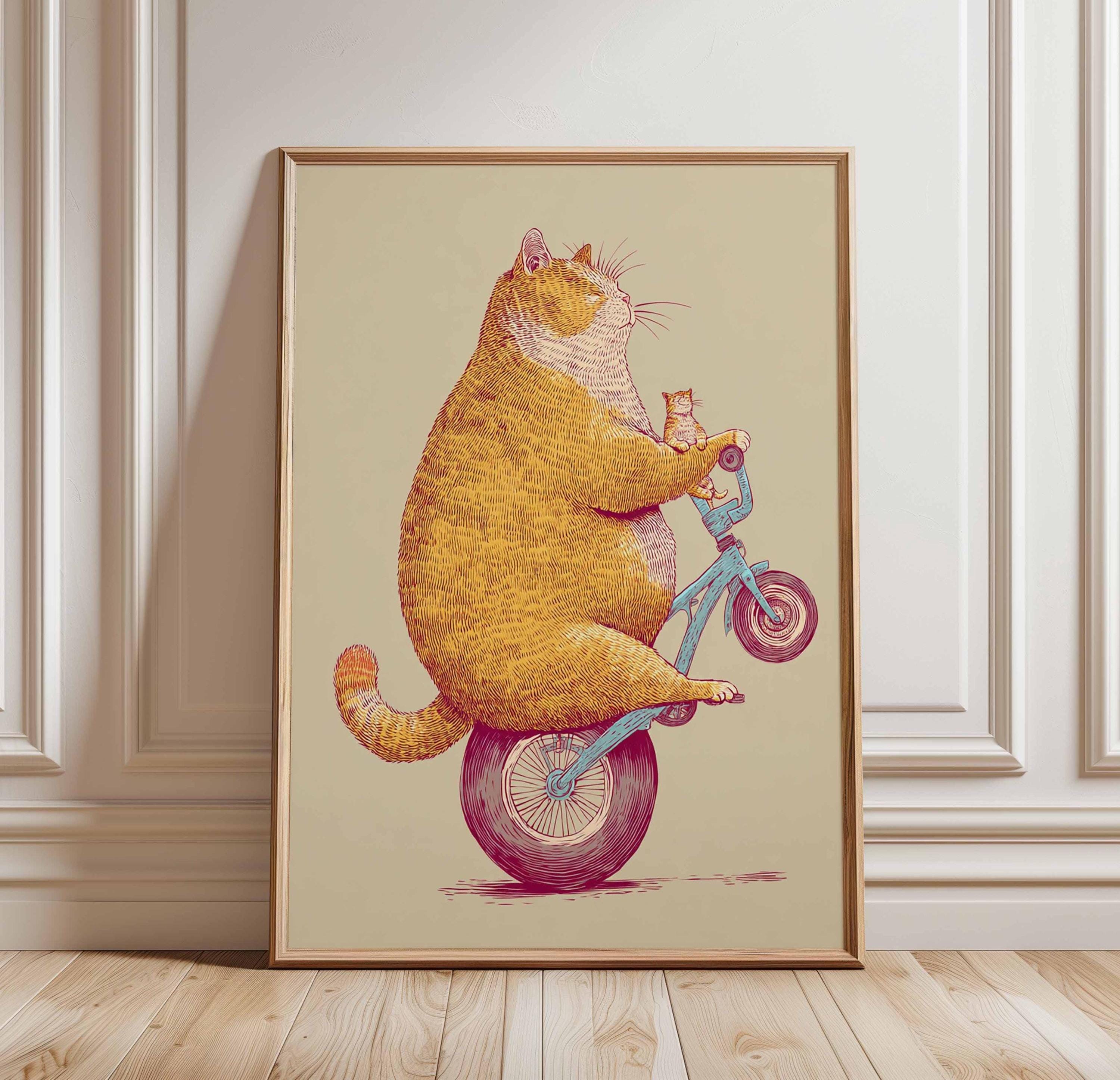 Funny Cat Poster, Chubby Cat Wall Art, Unicycle Cat Print