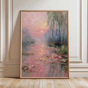 Pink Sunset Landscape Poster, impressionist wall art, serene lake reflection print, pastel sunrise painting, romantic nature decor