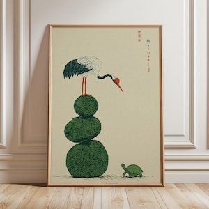 Crane and Turtle Wall Art Print, Japanese Symbolism Poster, Minimal Nature Illustration