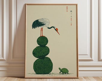 Crane and Turtle Wall Art Print, Japanese Symbolism Poster, Minimal Nature Illustration