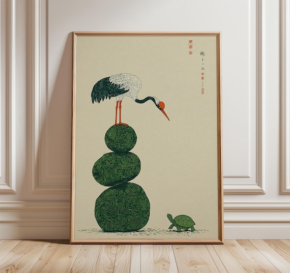 鳥の絵図 印籠 根付 銘有 アンティークInro Netsuke Crane Crane and Turtle Wall Art Print, Japanese Symbolism Poster