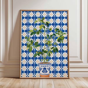 Mediterranean Tile Wall Art, Blue Plant Pot Poster, Spanish Kitchen Decor, Botanical Tile Print, Unframed Ceramic Style Art Print