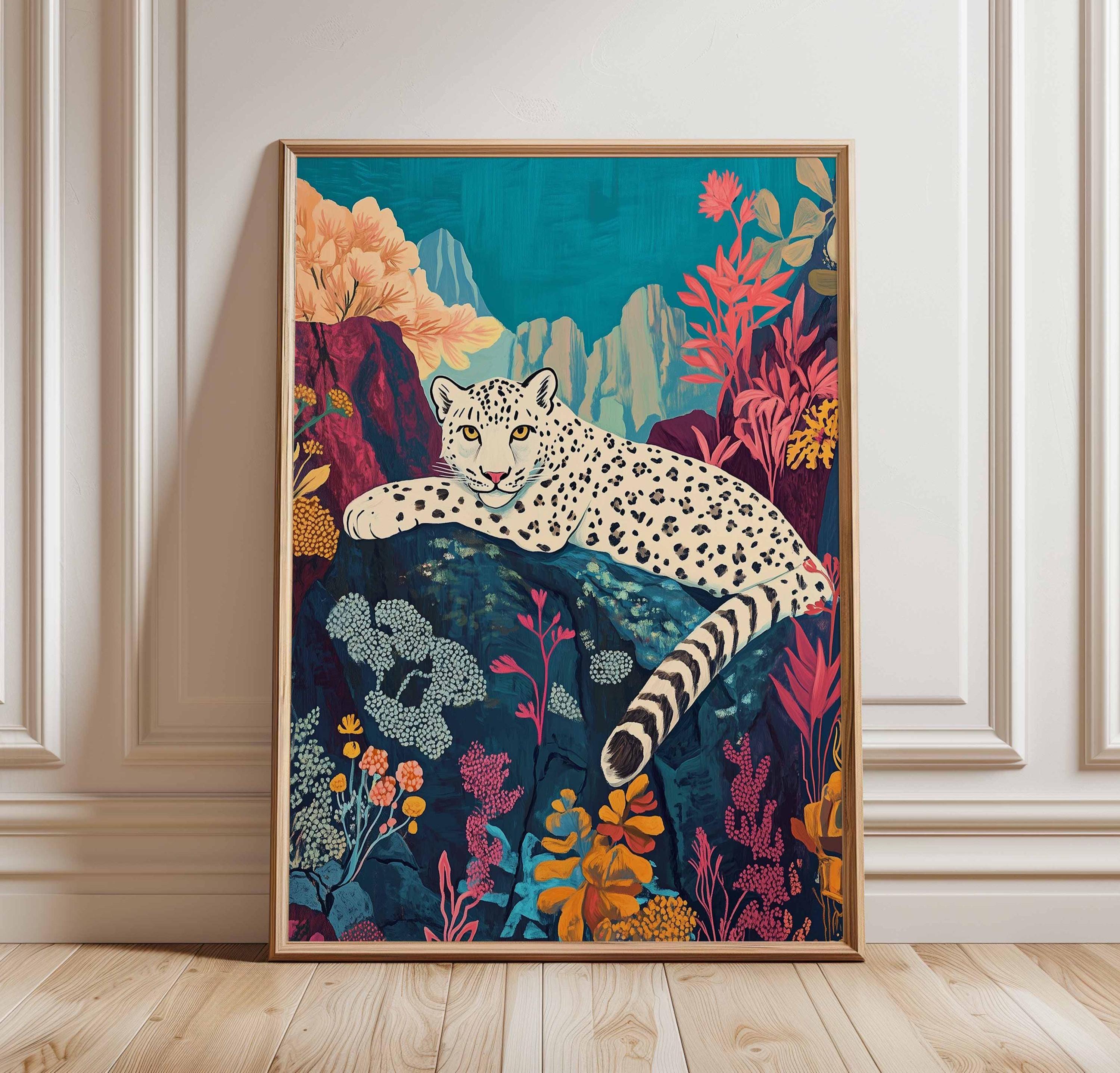 鮮やかな山のジャングルのユキヒョウの壁画 – 大胆な動物ポスター