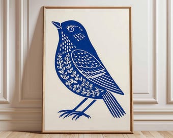 Poster Blue Bird, stampa d'arte popolare scandinava, decorazione murale minimalista con motivi naturali, stile nordico moderno
