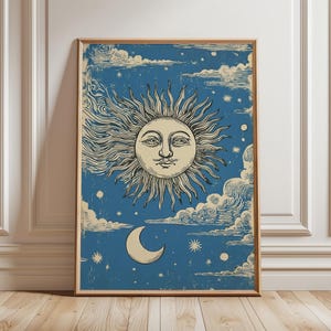 Celestial Sun Poster, Vintage Cosmic Illustration Print, Blue Sky Wall Art